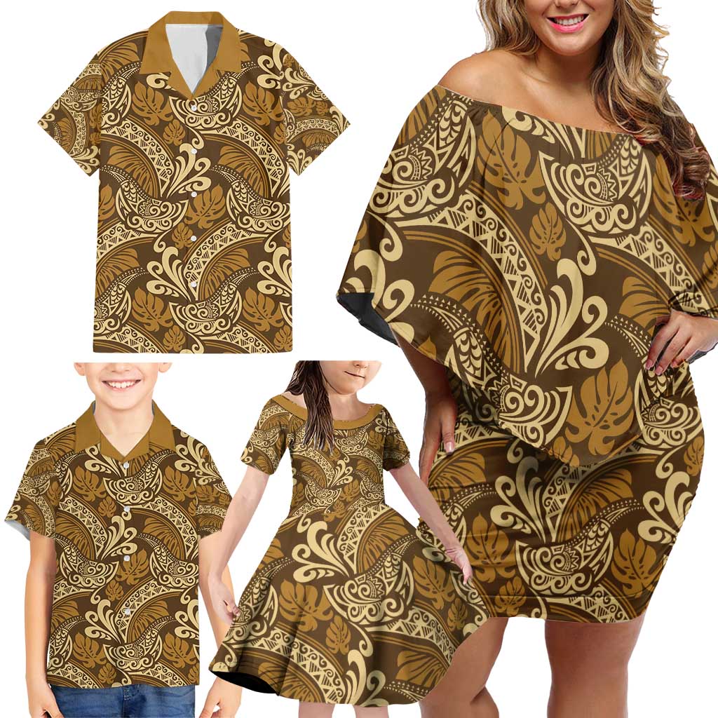 Brown Gold Monstera Family Matching Off Shoulder Short Dress and Hawaiian Shirt Polynesian Tribal Pattern - Polynesian Pride