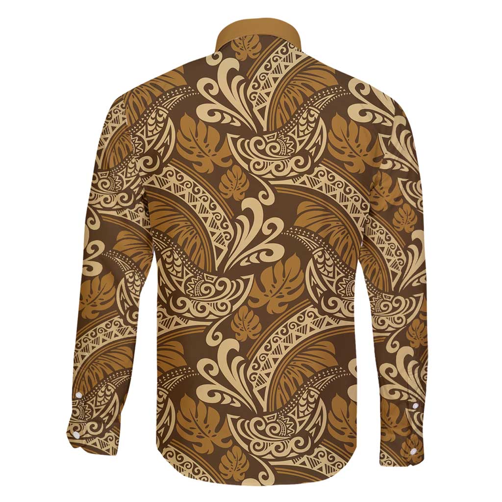 Brown Gold Monstera Family Matching Off Shoulder Short Dress and Hawaiian Shirt Polynesian Tribal Pattern - Polynesian Pride