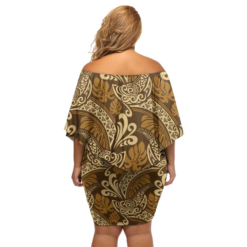 Brown Gold Monstera Family Matching Off Shoulder Short Dress and Hawaiian Shirt Polynesian Tribal Pattern - Polynesian Pride