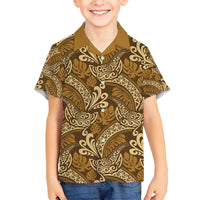 Brown Gold Monstera Family Matching Off Shoulder Short Dress and Hawaiian Shirt Polynesian Tribal Pattern - Polynesian Pride