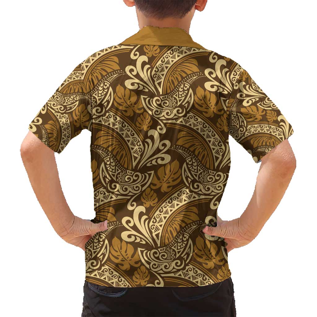 Brown Gold Monstera Family Matching Puletasi and Hawaiian Shirt Polynesian Tribal Pattern LT01 - Polynesian Pride