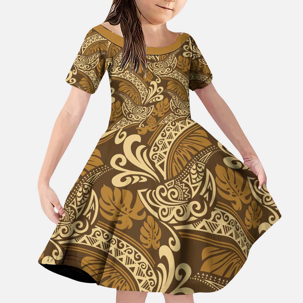 Brown Gold Monstera Family Matching Puletasi and Hawaiian Shirt Polynesian Tribal Pattern LT01 Daughter's Dress Gold - Polynesian Pride