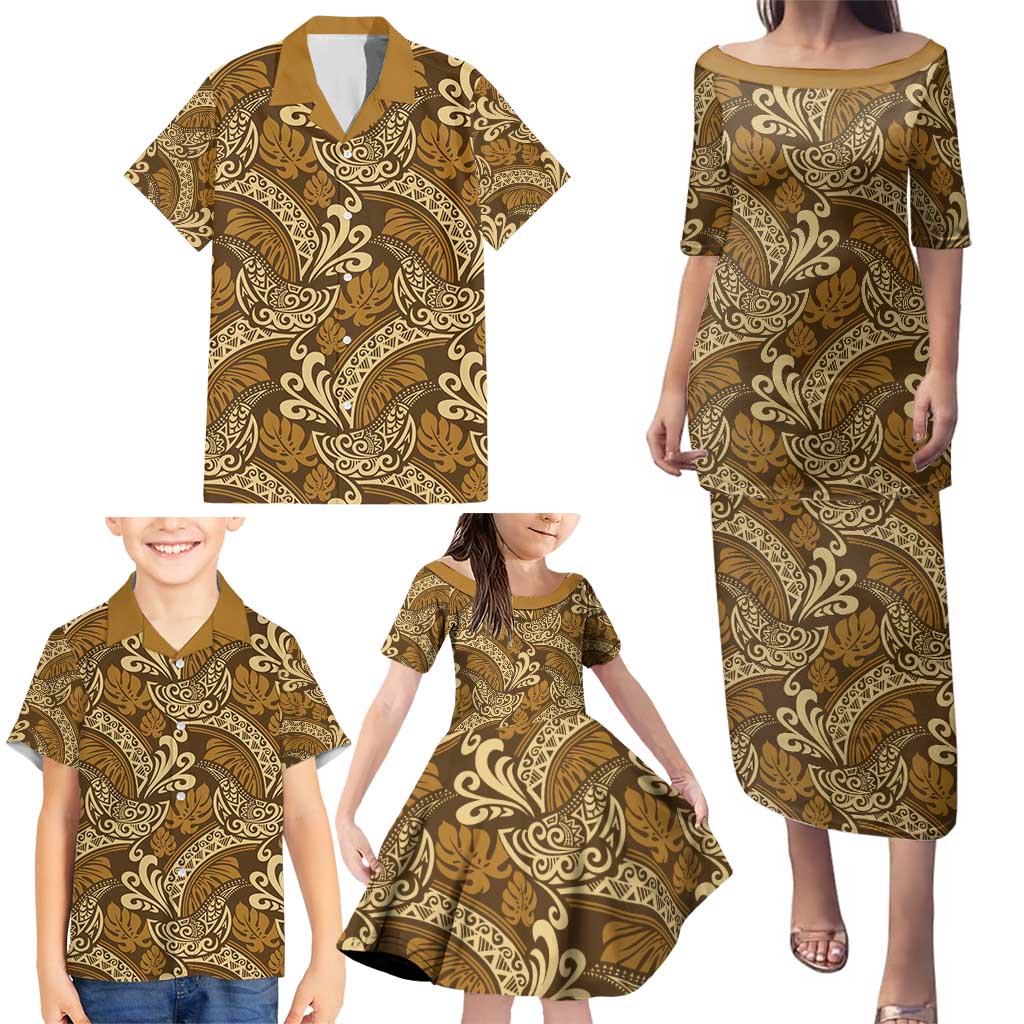 Brown Gold Monstera Family Matching Puletasi and Hawaiian Shirt Polynesian Tribal Pattern LT01 - Polynesian Pride