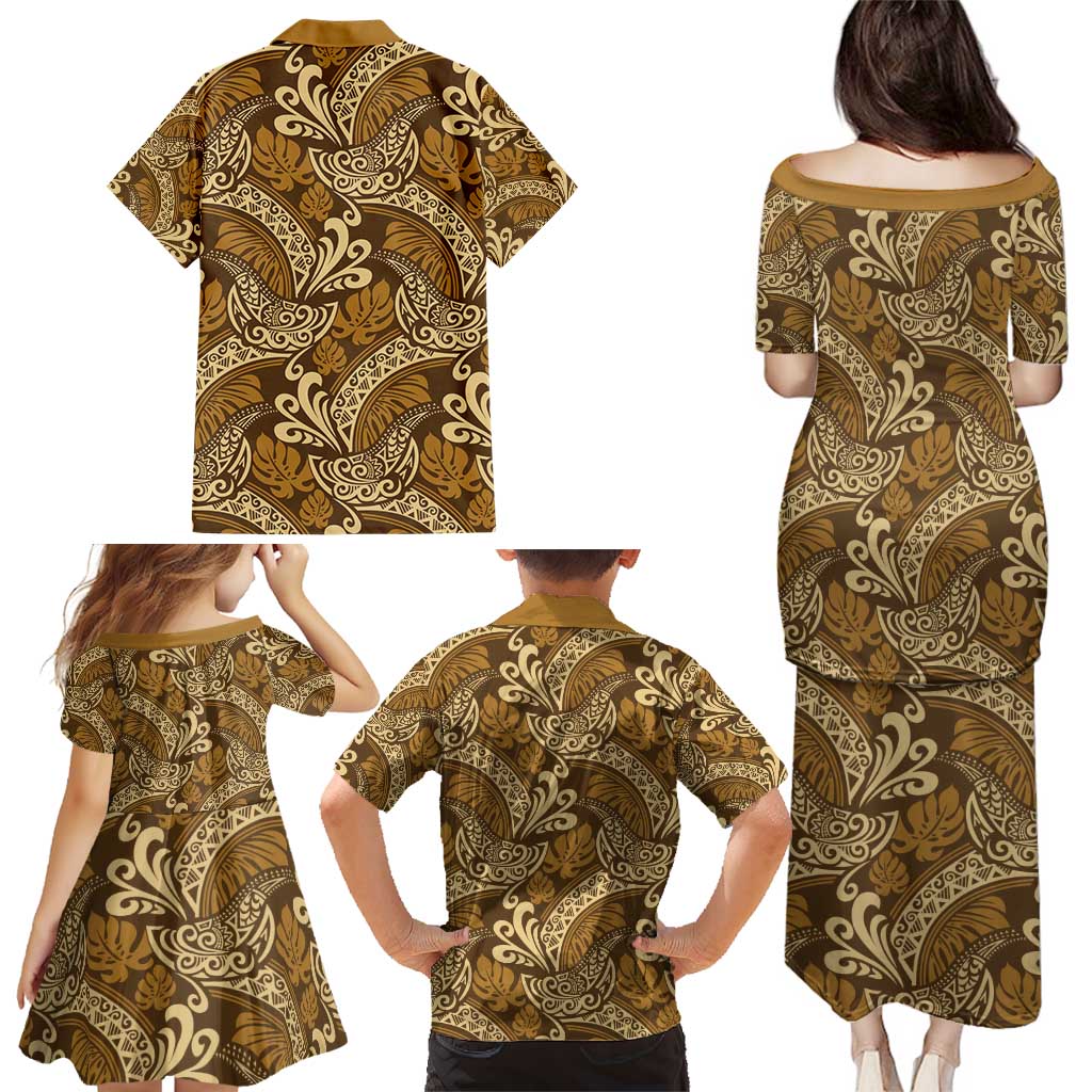 Brown Gold Monstera Family Matching Puletasi and Hawaiian Shirt Polynesian Tribal Pattern LT01 - Polynesian Pride