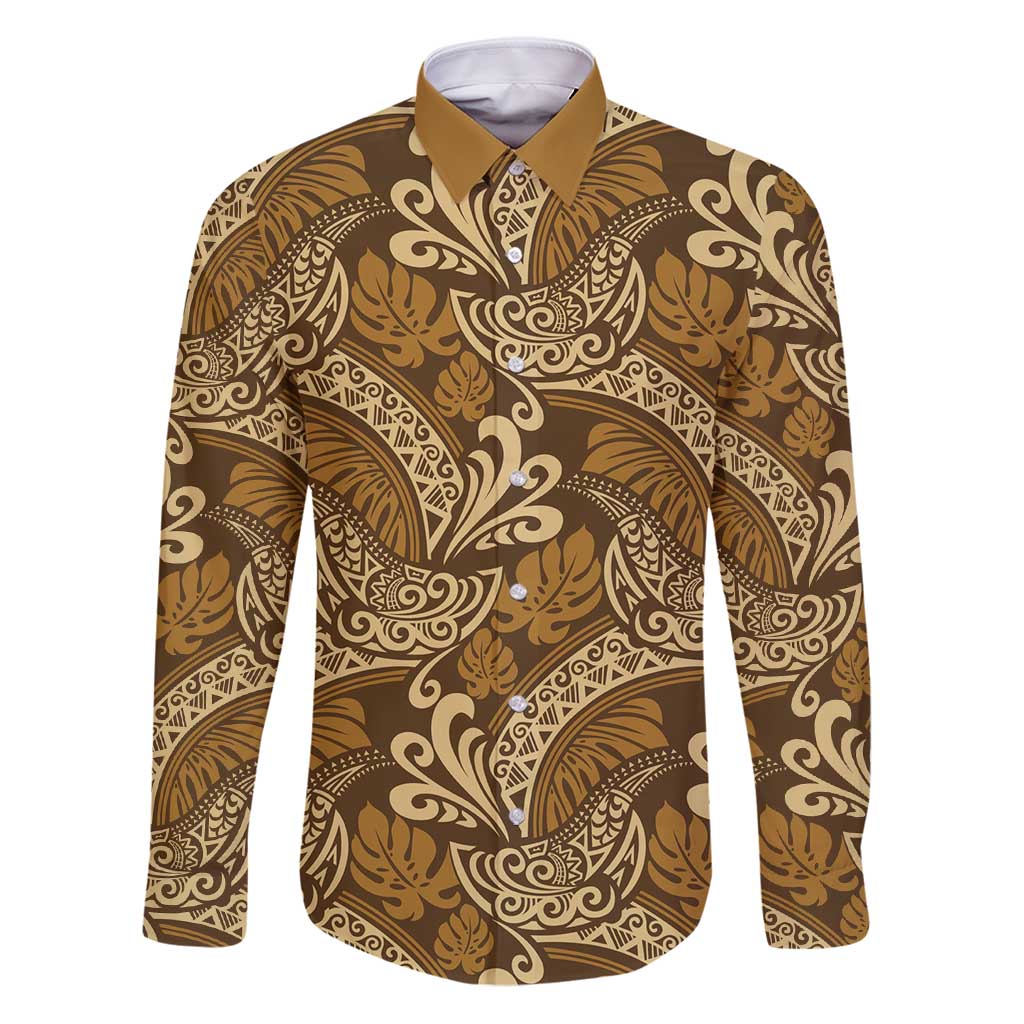 Brown Gold Monstera Family Matching Puletasi and Hawaiian Shirt Polynesian Tribal Pattern LT01 Dad's Shirt - Long Sleeve Gold - Polynesian Pride