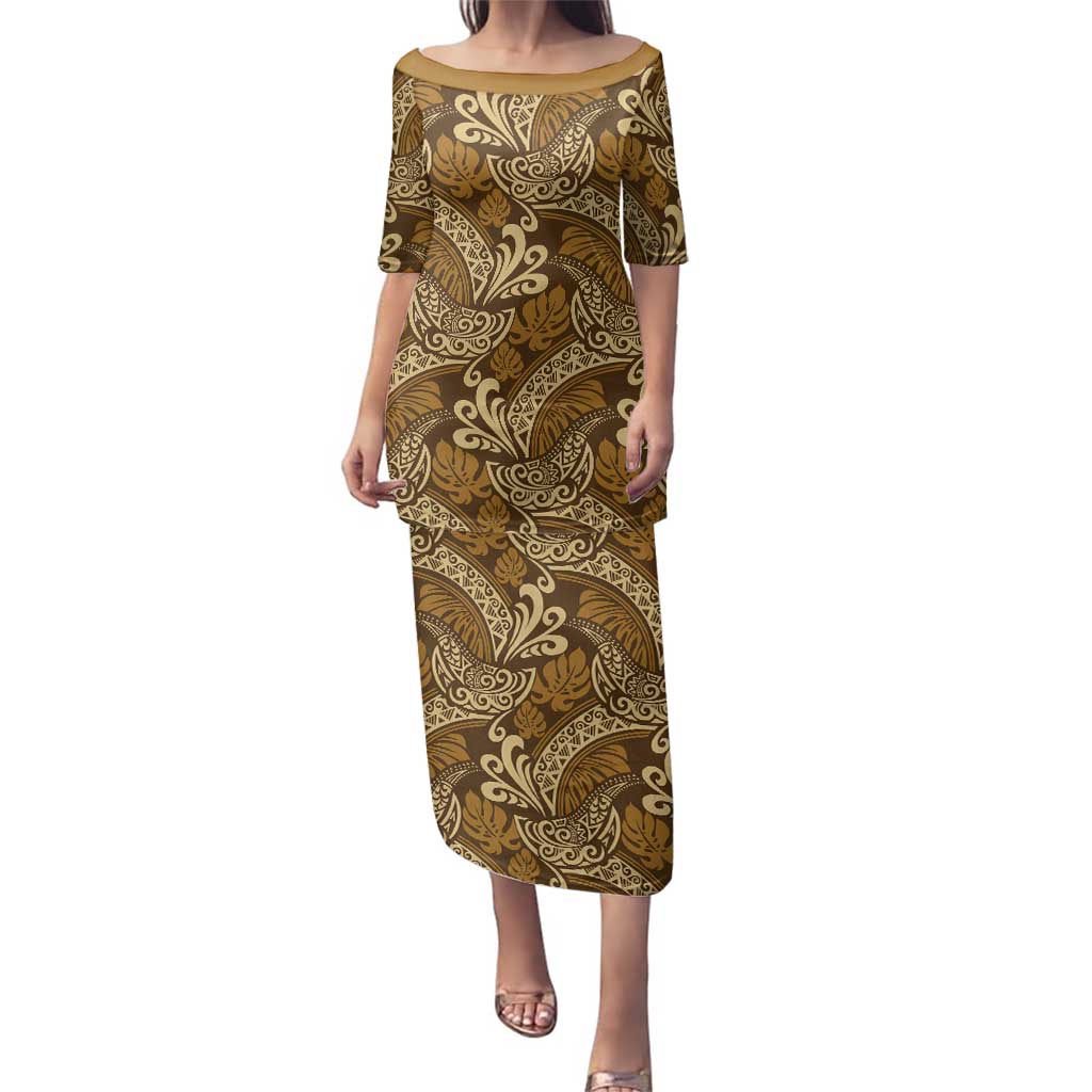 Brown Gold Monstera Family Matching Puletasi and Hawaiian Shirt Polynesian Tribal Pattern LT01 Mom's Dress Gold - Polynesian Pride
