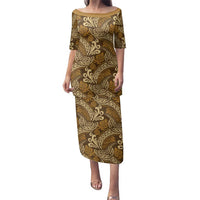 Brown Gold Monstera Family Matching Puletasi and Hawaiian Shirt Polynesian Tribal Pattern LT01 Mom's Dress Gold - Polynesian Pride