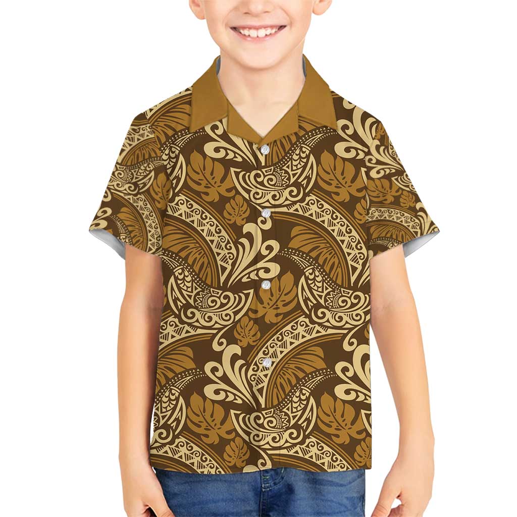 Brown Gold Monstera Family Matching Puletasi and Hawaiian Shirt Polynesian Tribal Pattern LT01 Son's Shirt Gold - Polynesian Pride