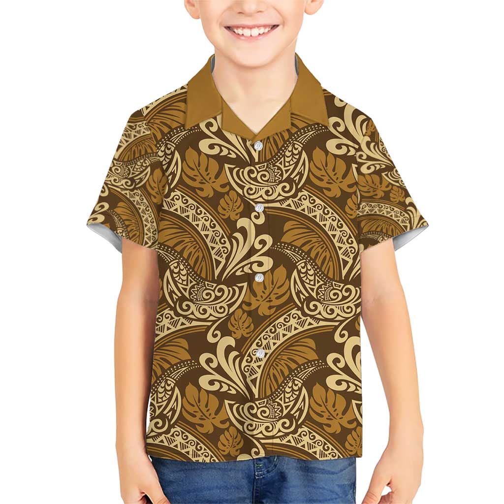 Brown Gold Monstera Family Matching Short Sleeve Bodycon Dress and Hawaiian Shirt Polynesian Tribal Pattern - Polynesian Pride
