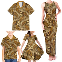 Brown Gold Monstera Family Matching Tank Maxi Dress and Hawaiian Shirt Polynesian Tribal Pattern - Polynesian Pride