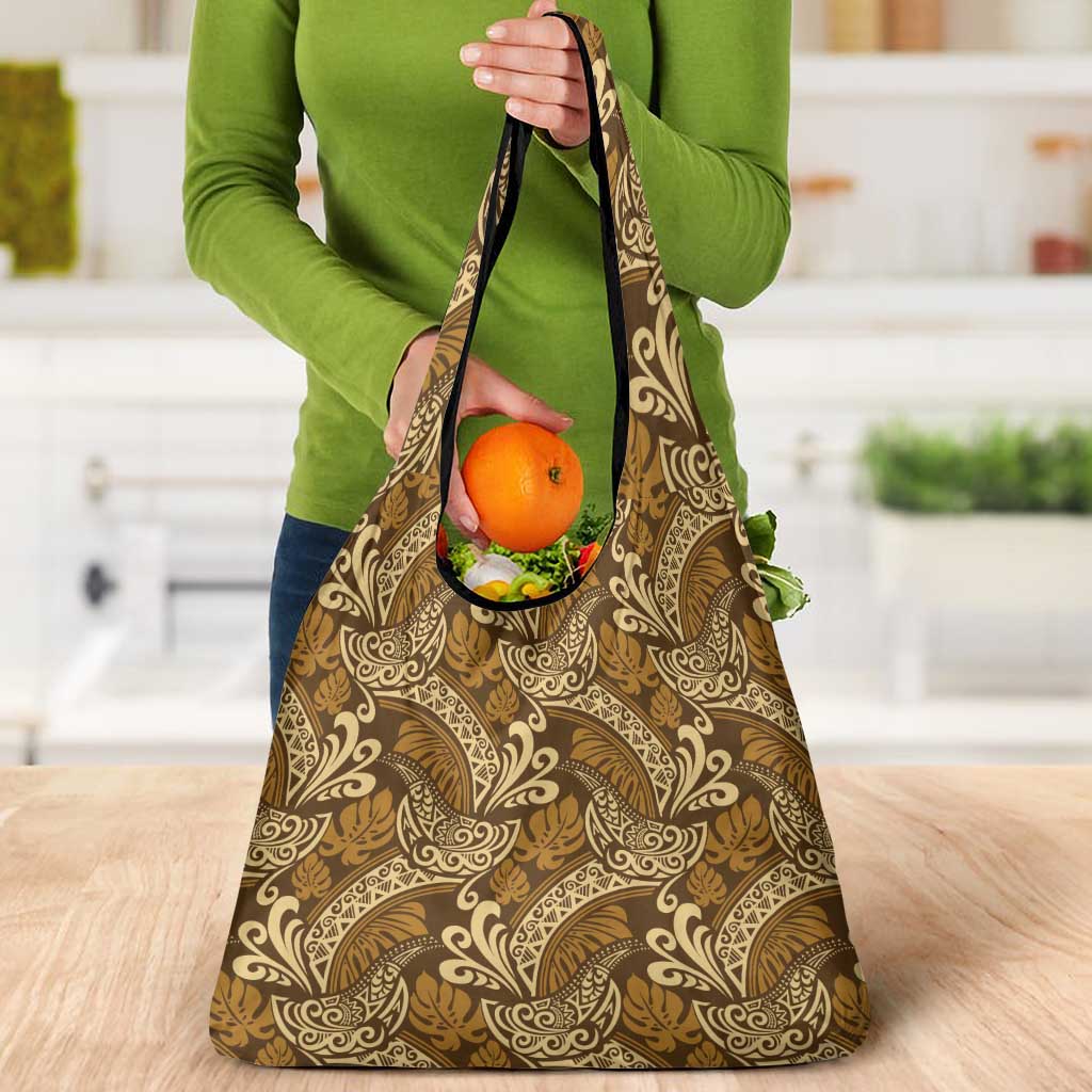 Brown Gold Monstera Grocery Bag Polynesian Tribal Pattern - Polynesian Pride