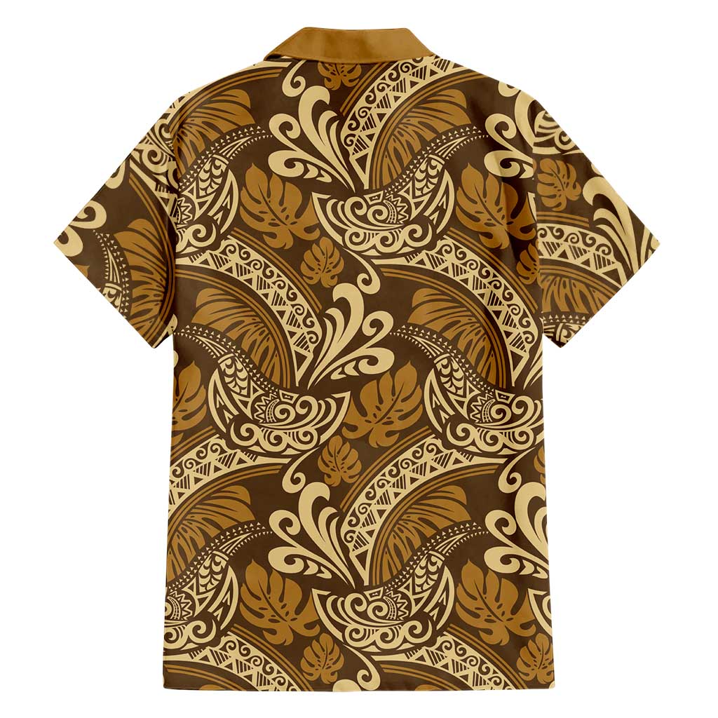 Brown Gold Monstera Hawaiian Shirt Polynesian Tribal Pattern - Polynesian Pride
