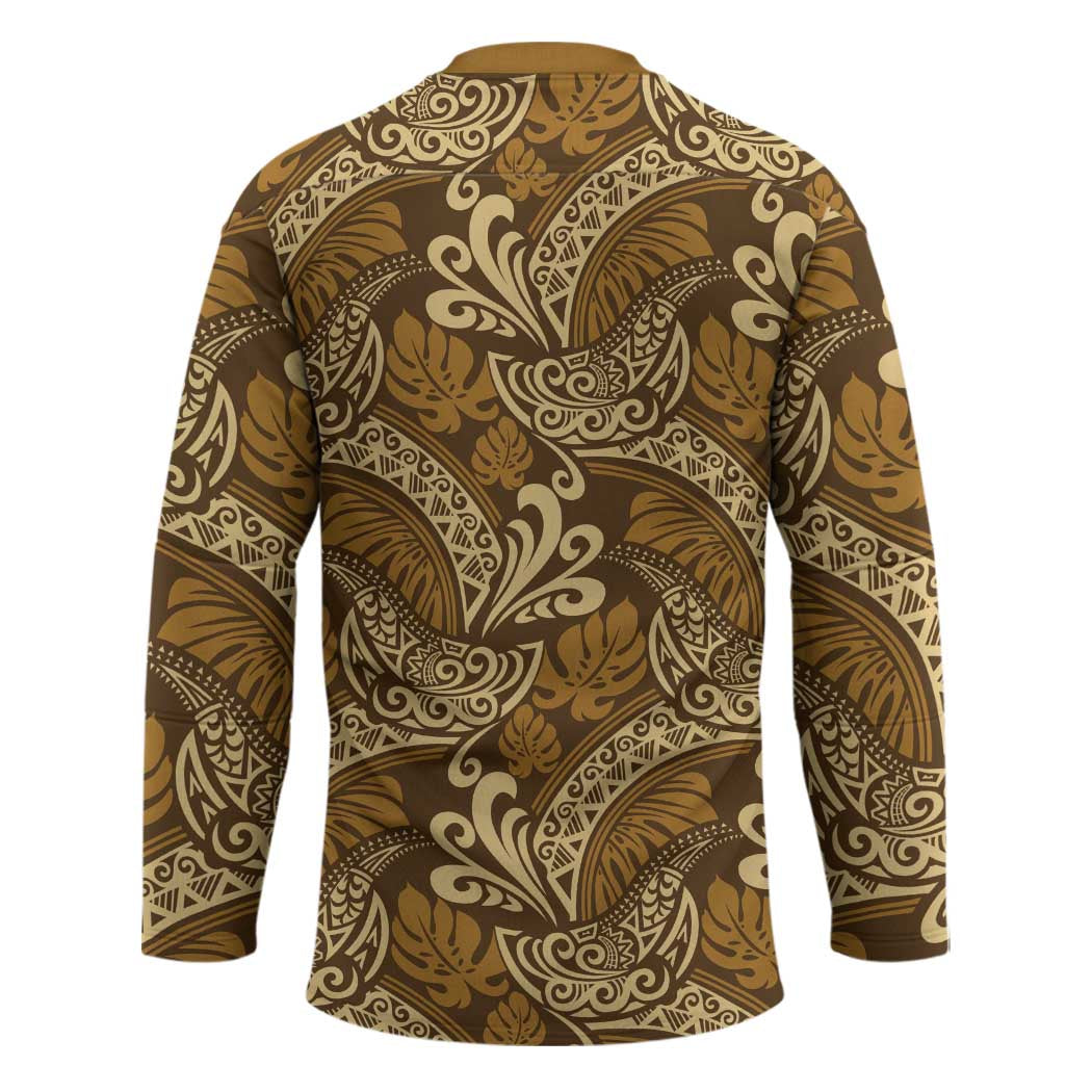 Brown Gold Monstera Hockey Jersey Polynesian Tribal Pattern - Polynesian Pride
