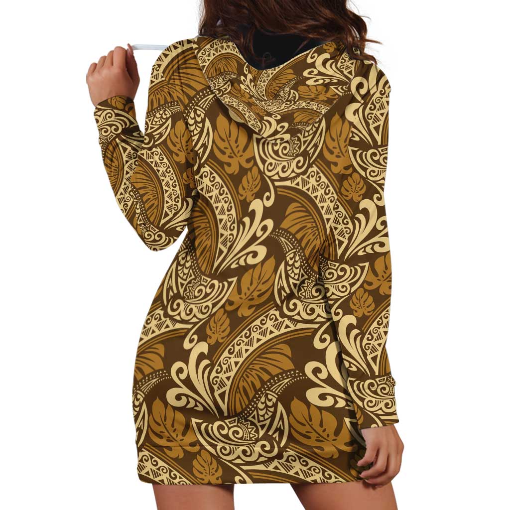 Brown Gold Monstera Hoodie Dress Polynesian Tribal Pattern LT01 - Polynesian Pride