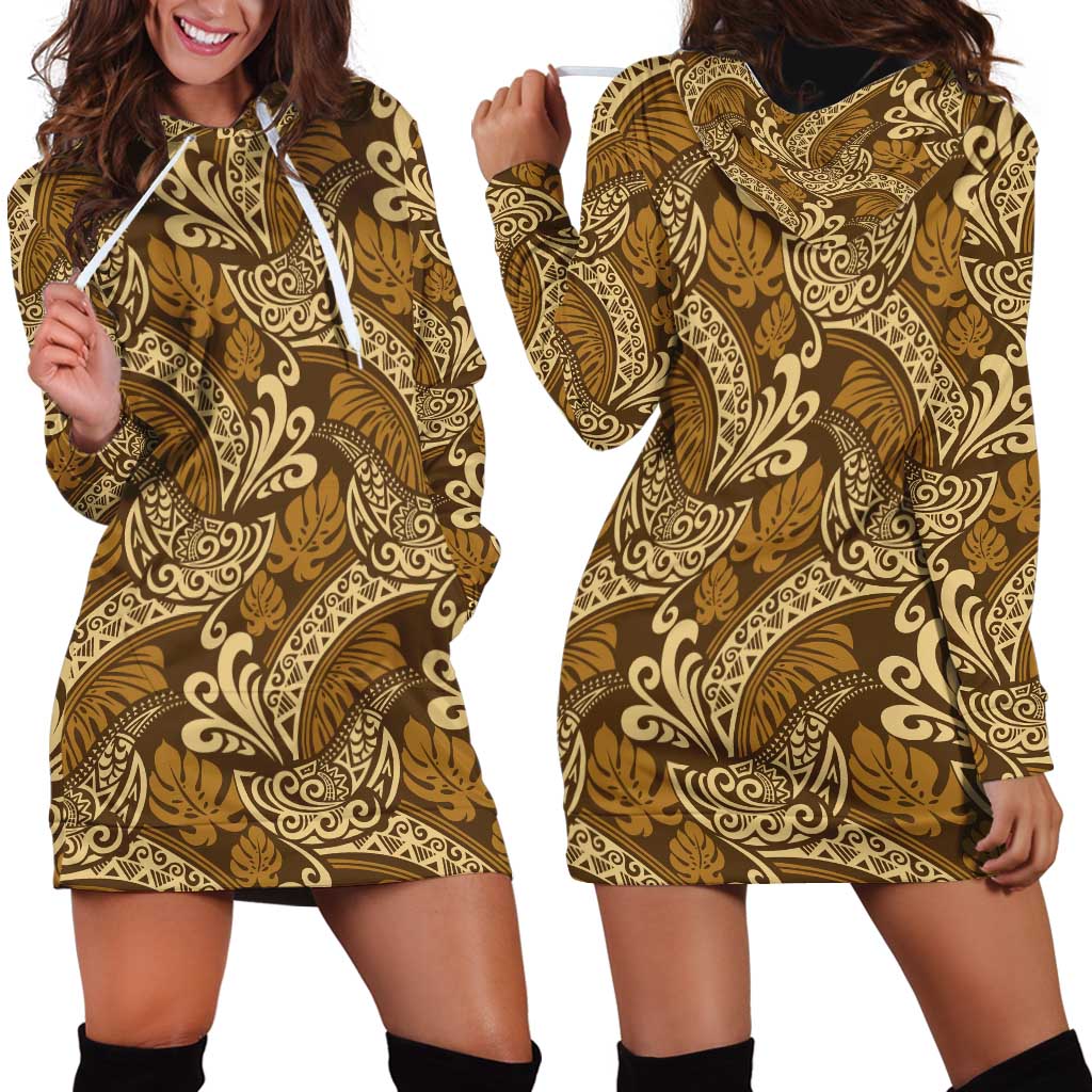 Brown Gold Monstera Hoodie Dress Polynesian Tribal Pattern LT01 - Polynesian Pride