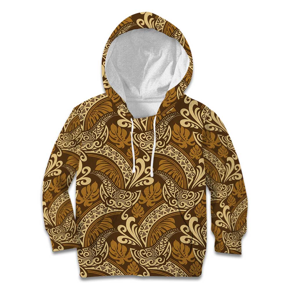 Brown Gold Monstera Kid Hoodie Polynesian Tribal Pattern - Polynesian Pride