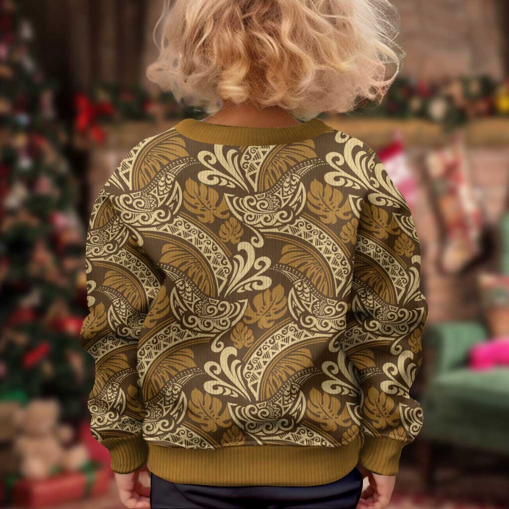 Brown Gold Monstera Kid Ugly Christmas Sweater Polynesian Tribal Pattern LT01 - Polynesian Pride