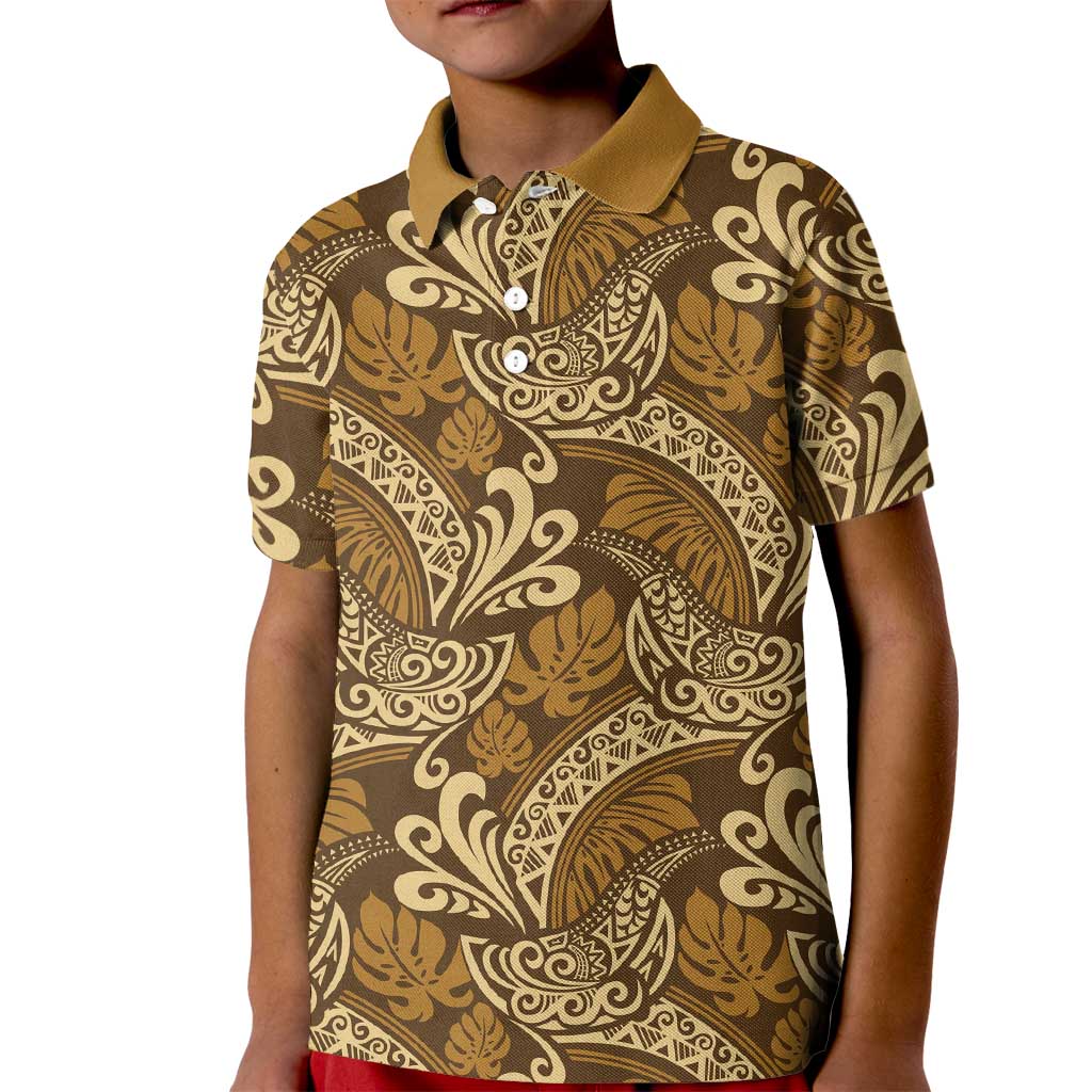 Brown Gold Monstera Kid Polo Shirt Polynesian Tribal Pattern LT01 Kid Gold - Polynesian Pride