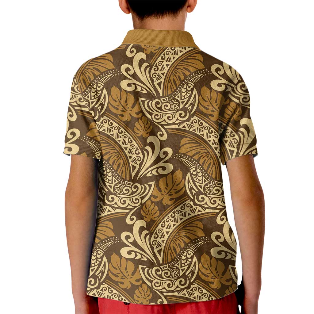 Brown Gold Monstera Kid Polo Shirt Polynesian Tribal Pattern LT01 - Polynesian Pride