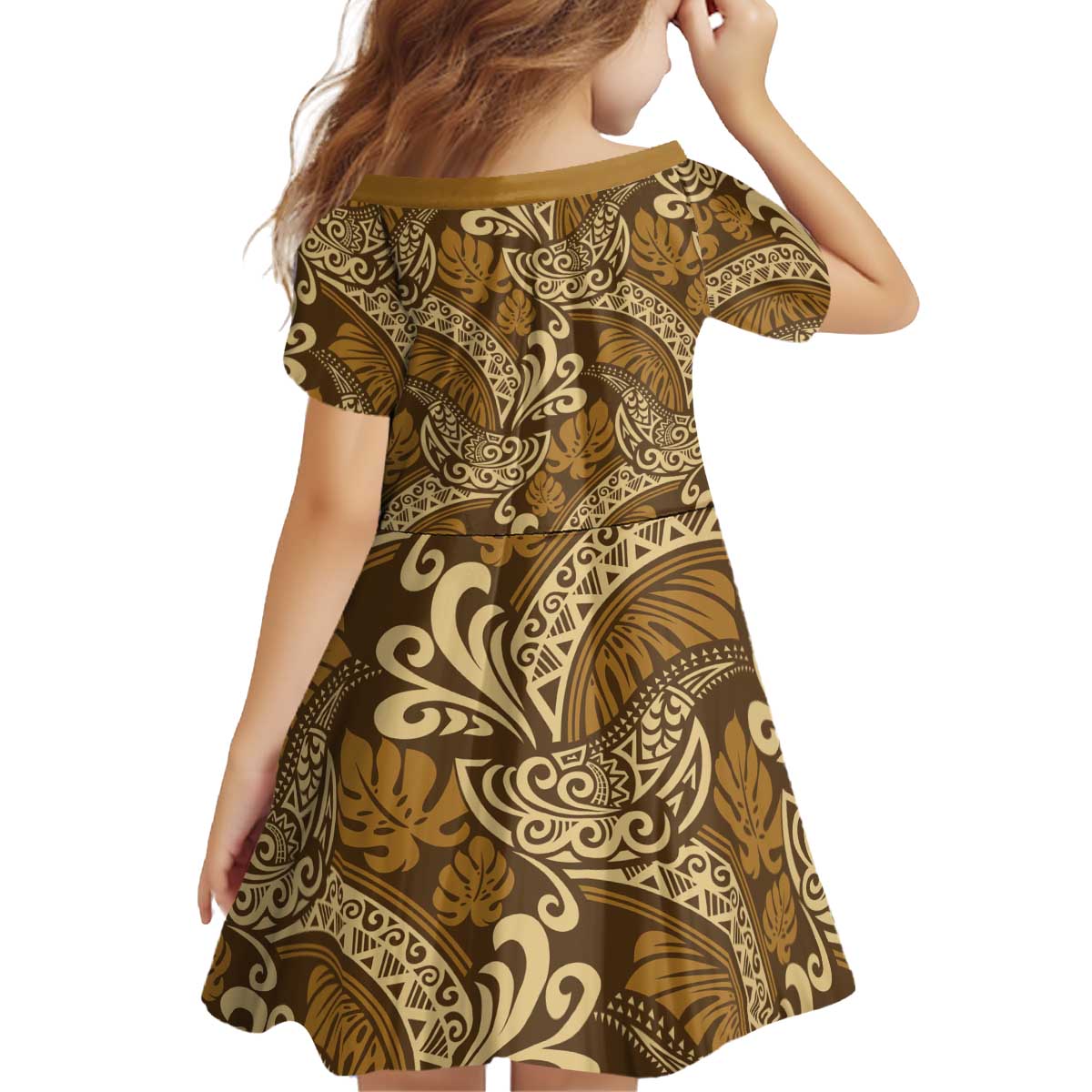 Brown Gold Monstera Kid Short Sleeve Dress Polynesian Tribal Pattern LT01 - Polynesian Pride
