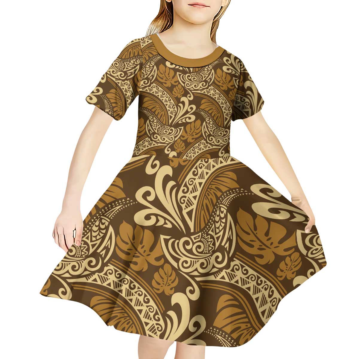 Brown Gold Monstera Kid Short Sleeve Dress Polynesian Tribal Pattern LT01 - Polynesian Pride