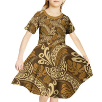 Brown Gold Monstera Kid Short Sleeve Dress Polynesian Tribal Pattern LT01 - Polynesian Pride