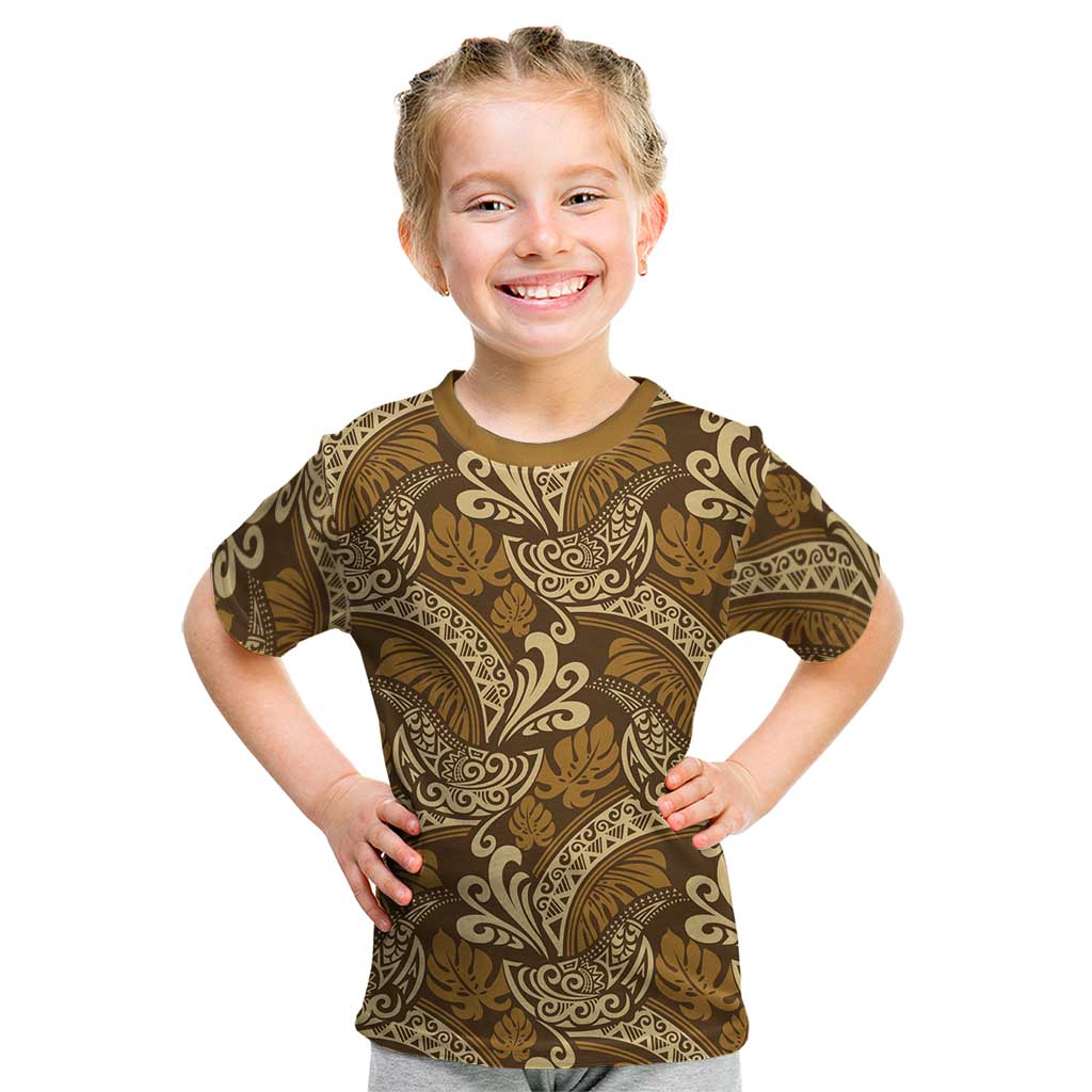Brown Gold Monstera Kid T Shirt Polynesian Tribal Pattern LT01 Gold - Polynesian Pride