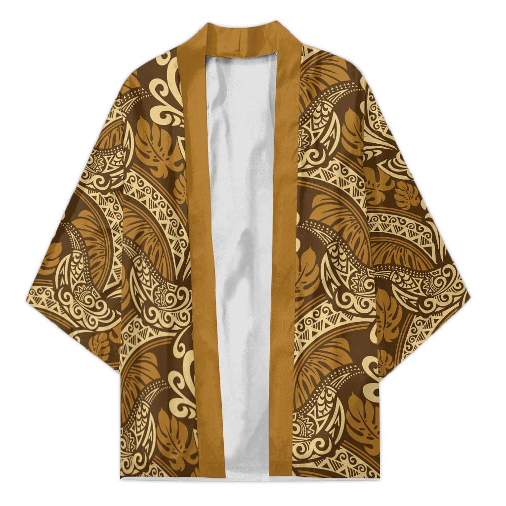 Brown Gold Monstera Kimono Polynesian Tribal Pattern LT01 Unisex Gold - Polynesian Pride
