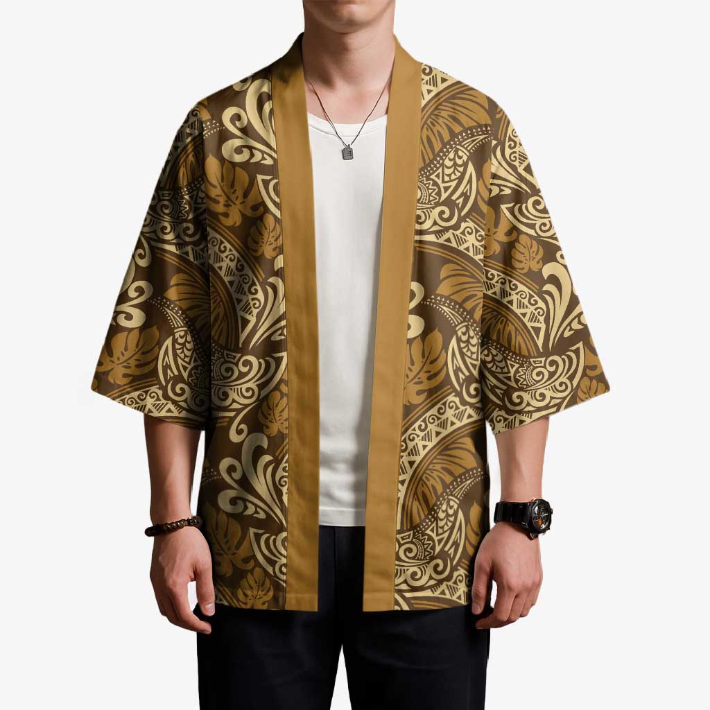 Brown Gold Monstera Kimono Polynesian Tribal Pattern LT01 - Polynesian Pride