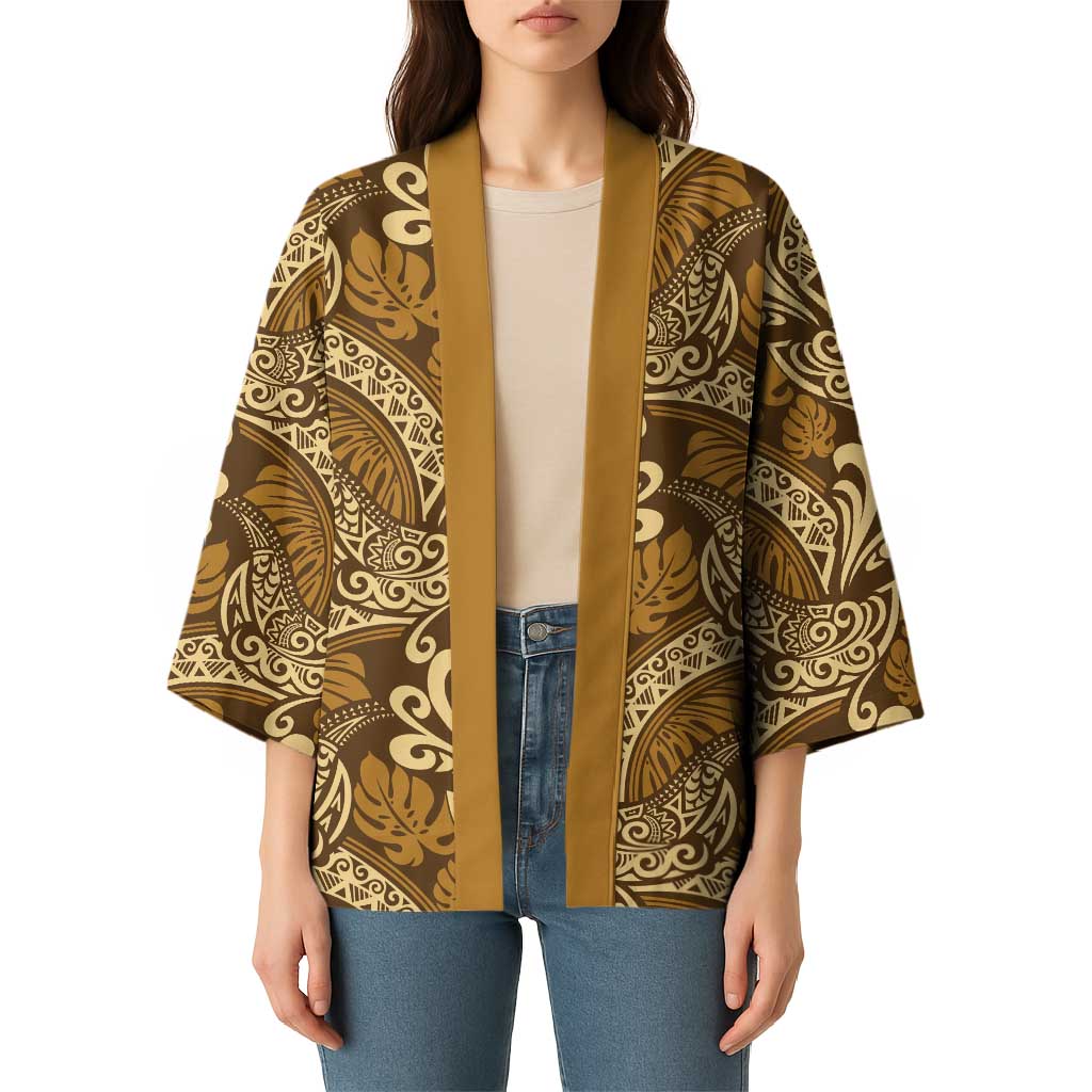 Brown Gold Monstera Kimono Polynesian Tribal Pattern LT01 - Polynesian Pride