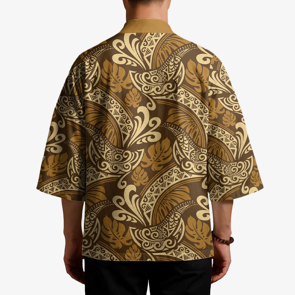 Brown Gold Monstera Kimono Polynesian Tribal Pattern LT01 - Polynesian Pride