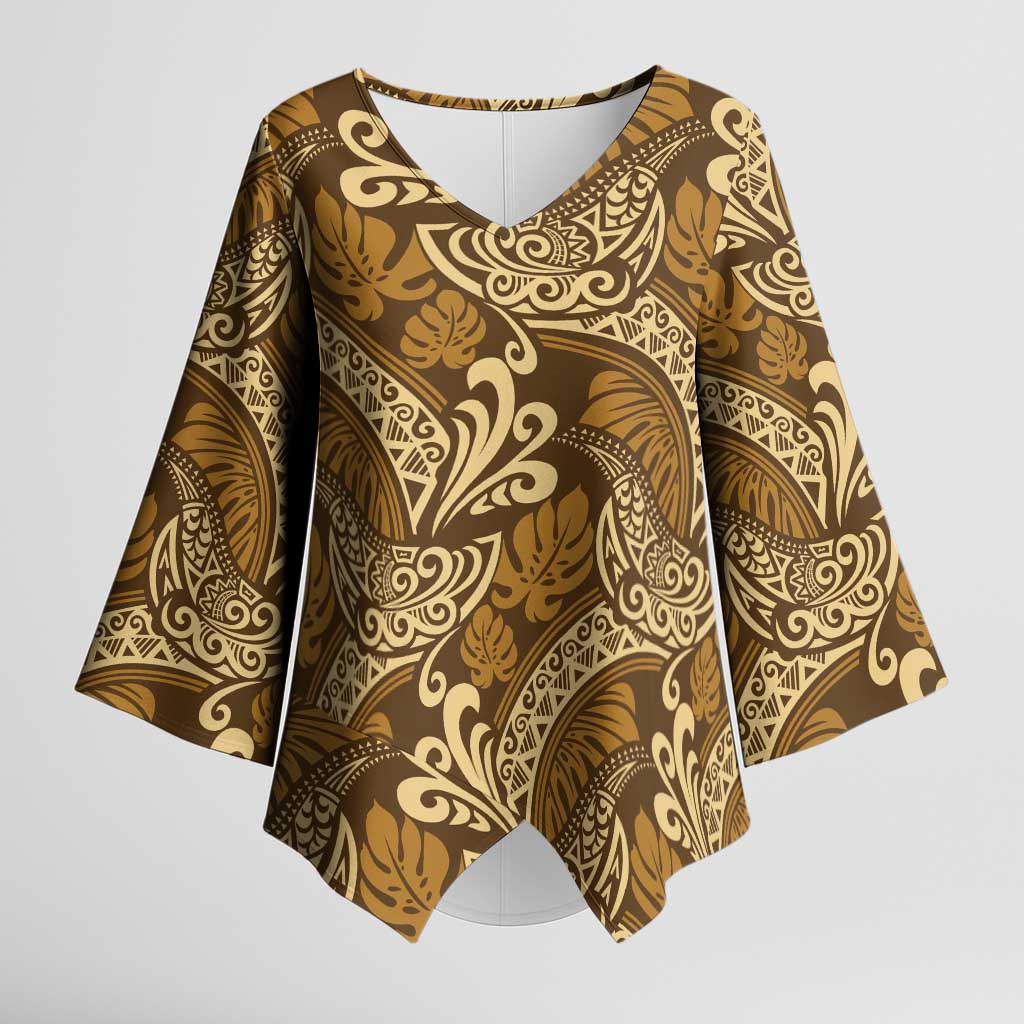 Brown Gold Monstera Kimono Sleeve Blouse Polynesian Tribal Pattern LT01 Female Gold - Polynesian Pride