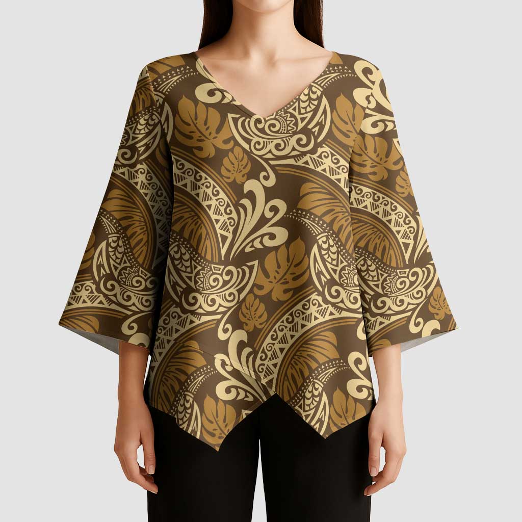 Brown Gold Monstera Kimono Sleeve Blouse Polynesian Tribal Pattern LT01 - Polynesian Pride