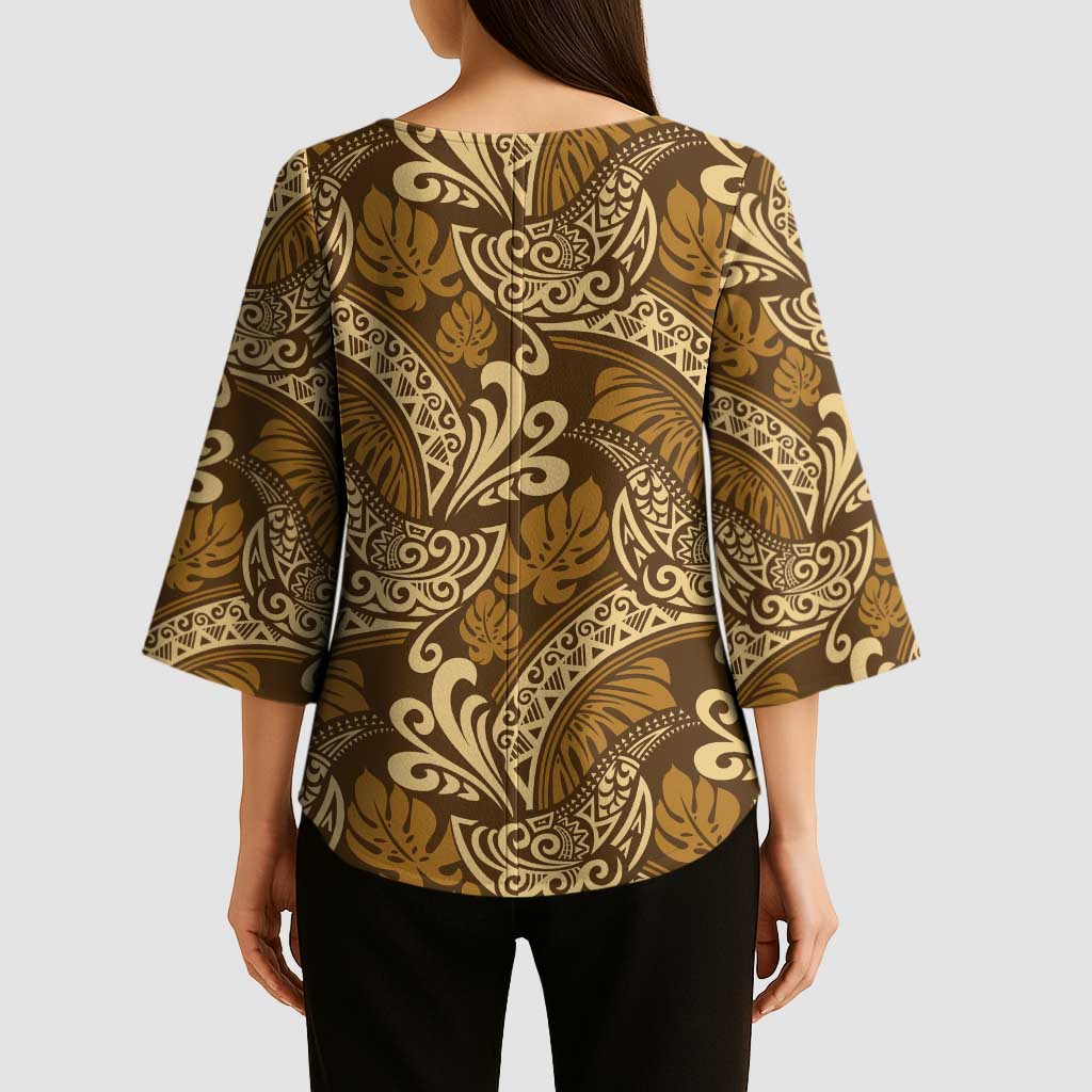 Brown Gold Monstera Kimono Sleeve Blouse Polynesian Tribal Pattern LT01 - Polynesian Pride
