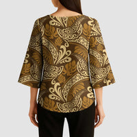 Brown Gold Monstera Kimono Sleeve Blouse Polynesian Tribal Pattern LT01 - Polynesian Pride