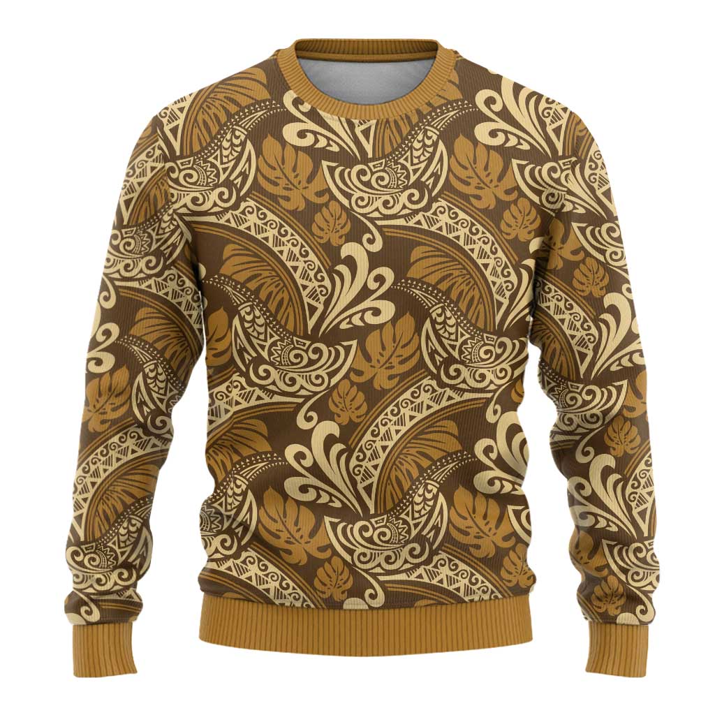 Brown Gold Monstera Ugly Christmas Sweater Polynesian Tribal Pattern - Polynesian Pride