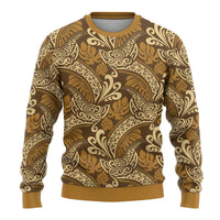Brown Gold Monstera Ugly Christmas Sweater Polynesian Tribal Pattern - Polynesian Pride
