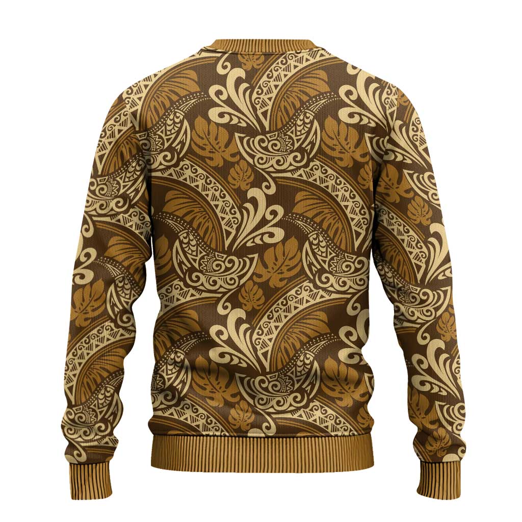 Brown Gold Monstera Ugly Christmas Sweater Polynesian Tribal Pattern - Polynesian Pride