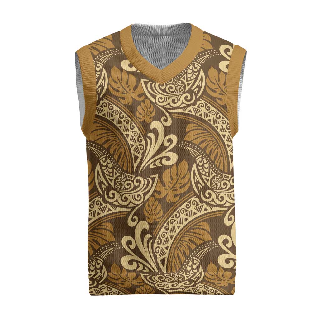 Brown Gold Monstera Christmas Knitted V-Neck Vest Polynesian Tribal Pattern LT01 Gold - Polynesian Pride