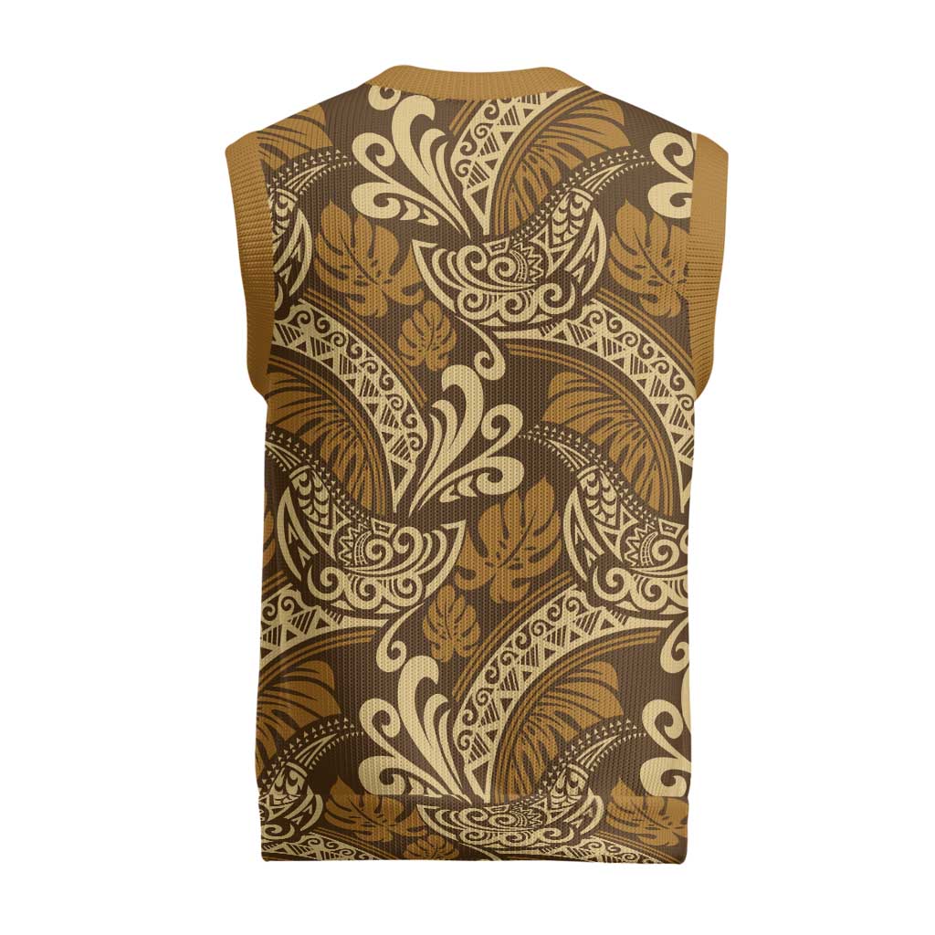 Brown Gold Monstera Christmas Knitted V-Neck Vest Polynesian Tribal Pattern LT01 - Polynesian Pride
