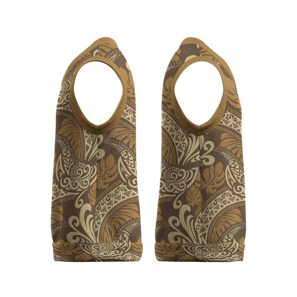 Brown Gold Monstera Christmas Knitted V-Neck Vest Polynesian Tribal Pattern LT01 - Polynesian Pride