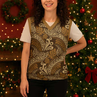 Brown Gold Monstera Christmas Knitted V-Neck Vest Polynesian Tribal Pattern LT01 - Polynesian Pride