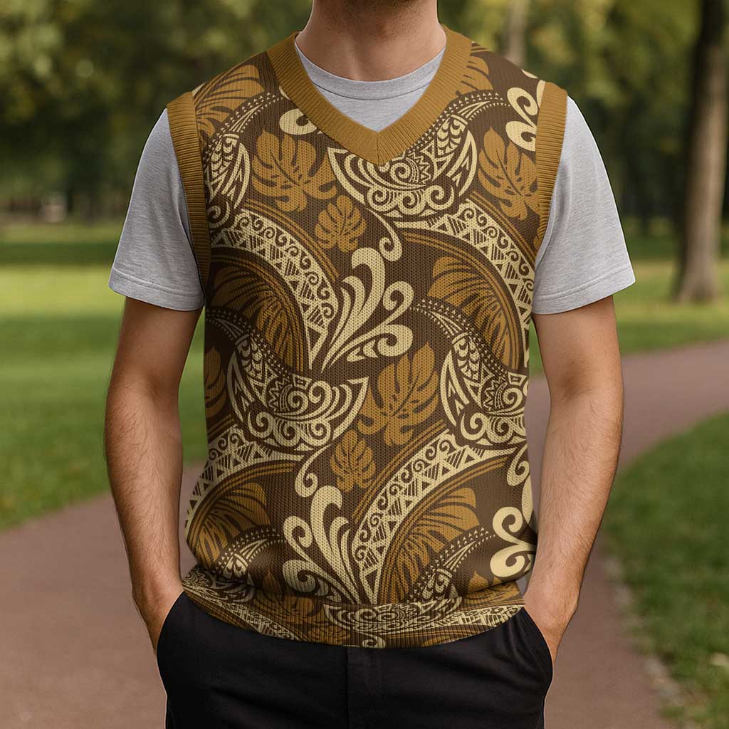 Brown Gold Monstera Christmas Knitted V-Neck Vest Polynesian Tribal Pattern LT01 - Polynesian Pride