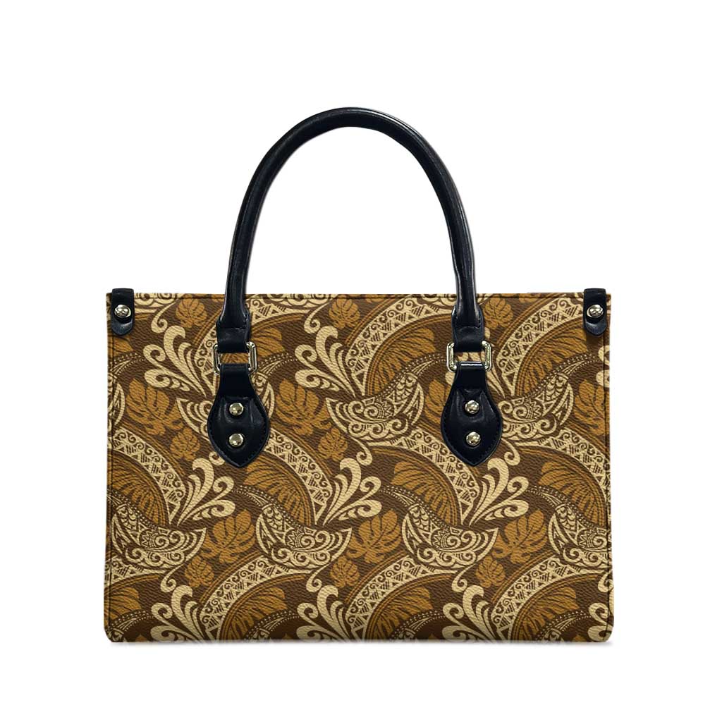 Brown Gold Monstera Leather Bag Polynesian Tribal Pattern - Polynesian Pride