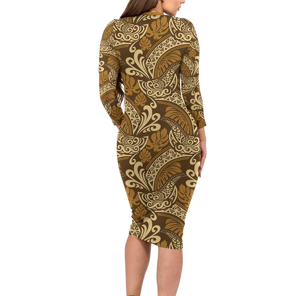 Brown Gold Monstera Long Sleeve Bodycon Dress Polynesian Tribal Pattern - Polynesian Pride