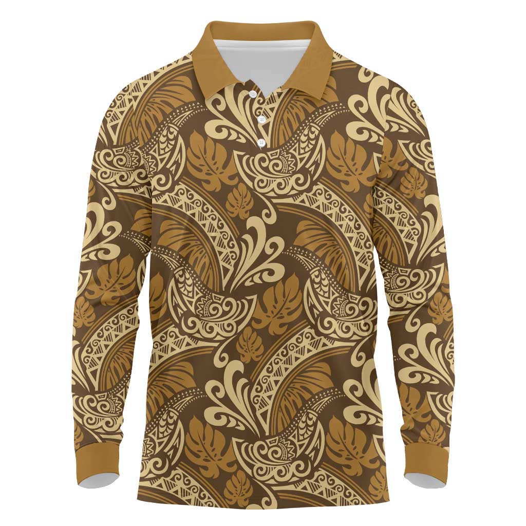 Brown Gold Monstera Long Sleeve Polo Shirt Polynesian Tribal Pattern LT01 Gold - Polynesian Pride