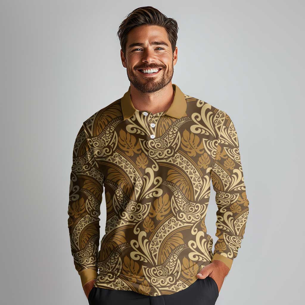 Brown Gold Monstera Long Sleeve Polo Shirt Polynesian Tribal Pattern LT01 - Polynesian Pride