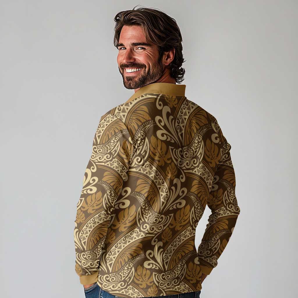 Brown Gold Monstera Long Sleeve Polo Shirt Polynesian Tribal Pattern LT01 - Polynesian Pride