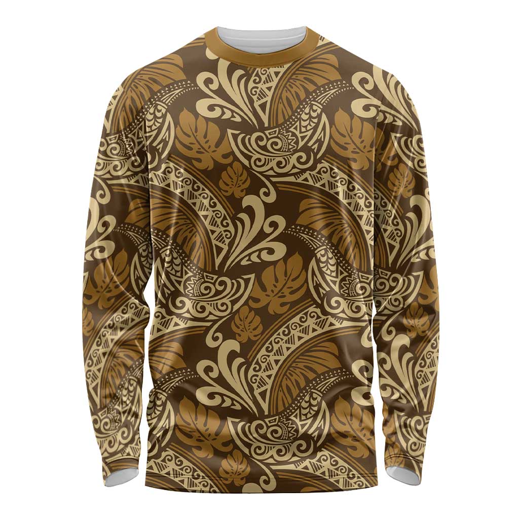 Brown Gold Monstera Long Sleeve Shirt Polynesian Tribal Pattern LT01 Unisex Gold - Polynesian Pride