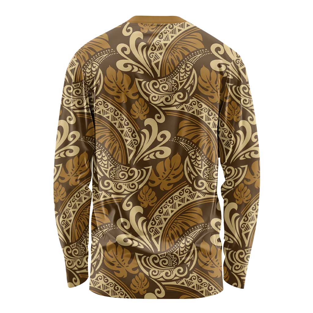 Brown Gold Monstera Long Sleeve Shirt Polynesian Tribal Pattern LT01 - Polynesian Pride